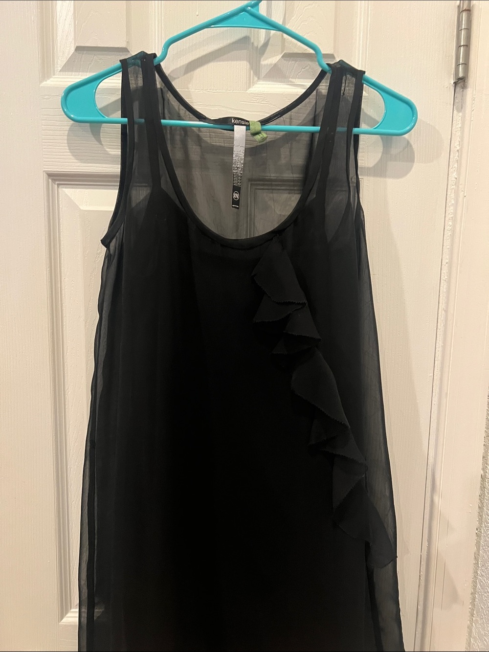 Kensie Black Chiffon Mini Dress with Side Ruffle. Belt not included